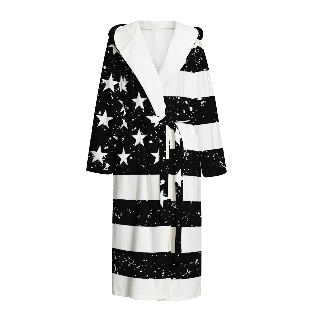 Monochrome Grunge American Flag Print Hooded Bathrobe