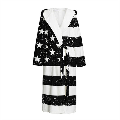 Monochrome Grunge American Flag Print Hooded Bathrobe