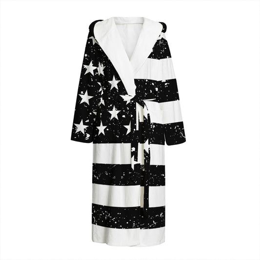 Monochrome Grunge American Flag Print Hooded Bathrobe