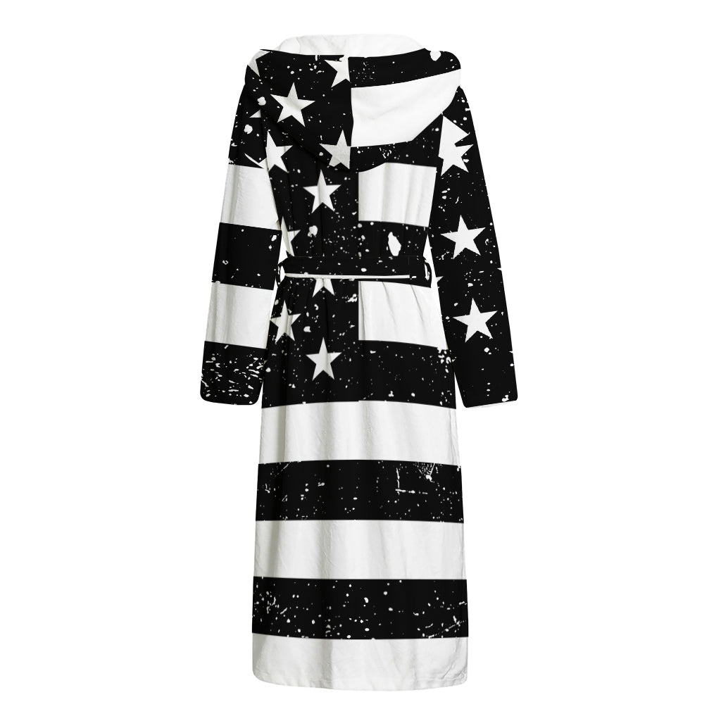 Monochrome Grunge American Flag Print Hooded Bathrobe