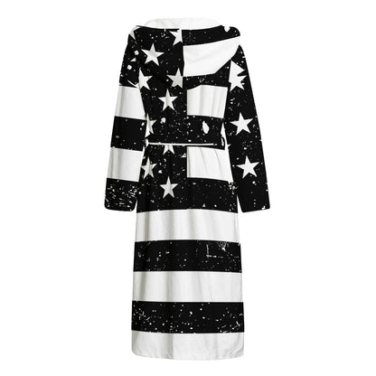 Monochrome Grunge American Flag Print Hooded Bathrobe