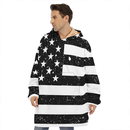 Monochrome Grunge American Flag Print Hoodie Blanket