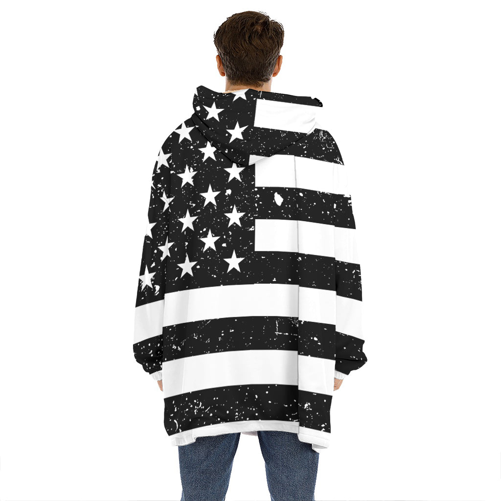 Monochrome Grunge American Flag Print Hoodie Blanket