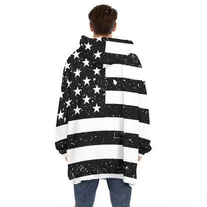 Monochrome Grunge American Flag Print Hoodie Blanket