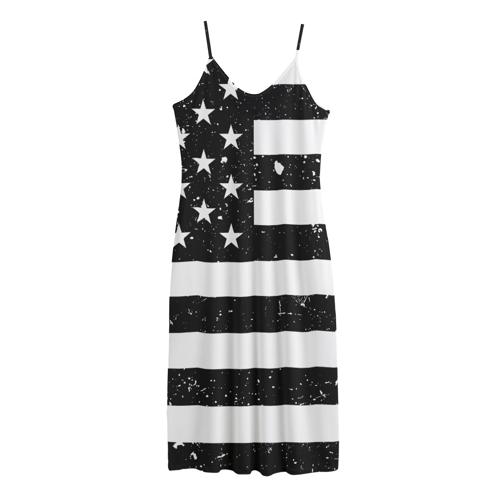 Monochrome Grunge American Flag Print Jersey Midi Cami Dress