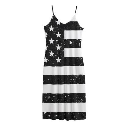 Monochrome Grunge American Flag Print Jersey Midi Cami Dress