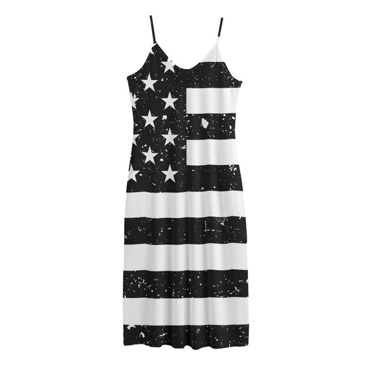 Monochrome Grunge American Flag Print Jersey Midi Cami Dress