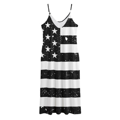 Monochrome Grunge American Flag Print Jersey Midi Cami Dress