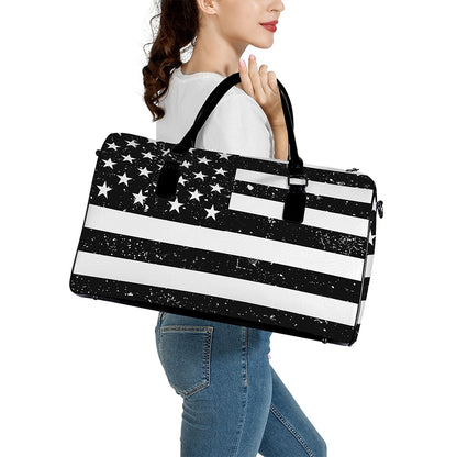 Monochrome Grunge American Flag Print Leather Duffle Bag