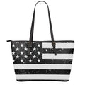 Monochrome Grunge American Flag Print Leather Tote Bag With Zipper