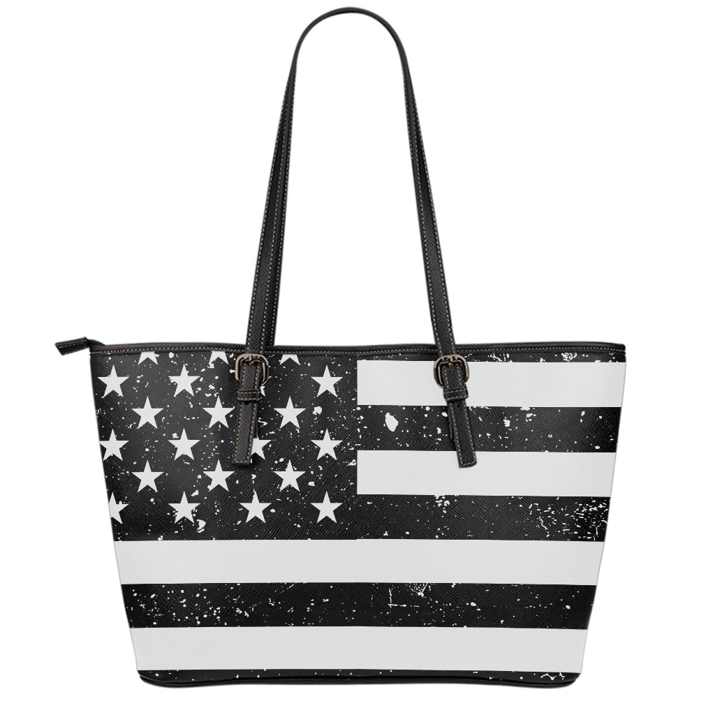 Monochrome Grunge American Flag Print Leather Tote Bag