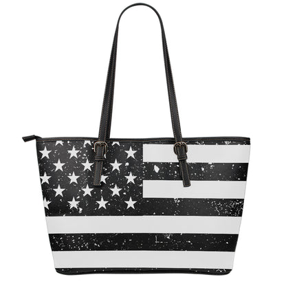 Monochrome Grunge American Flag Print Leather Tote Bag