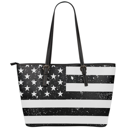 Monochrome Grunge American Flag Print Leather Tote Bag
