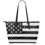 Monochrome Grunge American Flag Print Leather Tote Bag