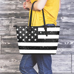 Monochrome Grunge American Flag Print Leather Tote Bag