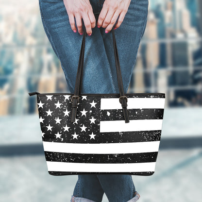 Monochrome Grunge American Flag Print Leather Tote Bag