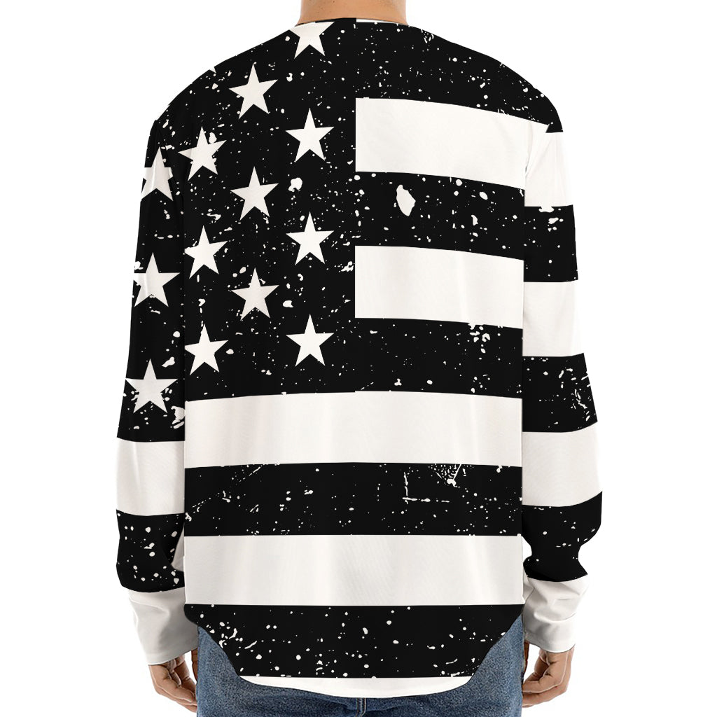 Monochrome Grunge American Flag Print Long Sleeve Baseball Jersey