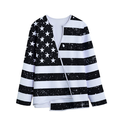 Monochrome Grunge American Flag Print Long Sleeve Short Coat