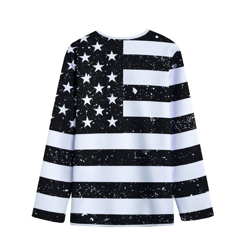Monochrome Grunge American Flag Print Long Sleeve Short Coat
