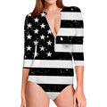 Monochrome Grunge American Flag Print Long Sleeve Swimsuit