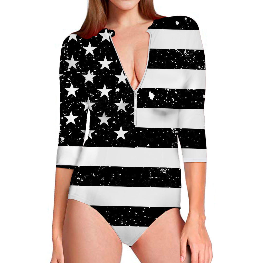 Monochrome Grunge American Flag Print Long Sleeve Swimsuit