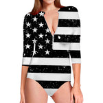 Monochrome Grunge American Flag Print Long Sleeve Swimsuit