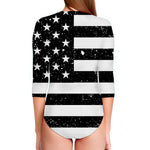 Monochrome Grunge American Flag Print Long Sleeve Swimsuit