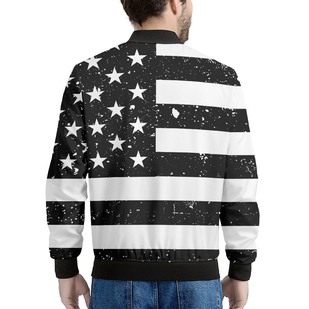 Monochrome Grunge American Flag Print Men's Bomber Jacket