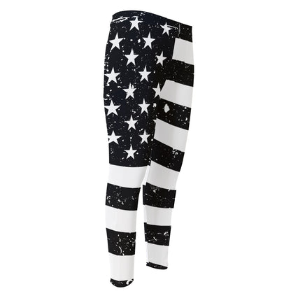 Monochrome Grunge American Flag Print Men's Compression Pants