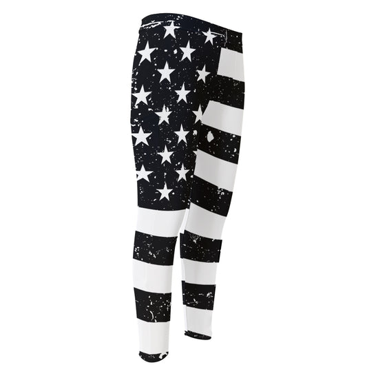 Monochrome Grunge American Flag Print Men's Compression Pants