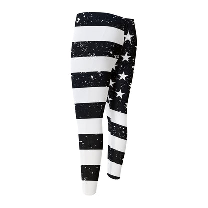 Monochrome Grunge American Flag Print Men's Compression Pants