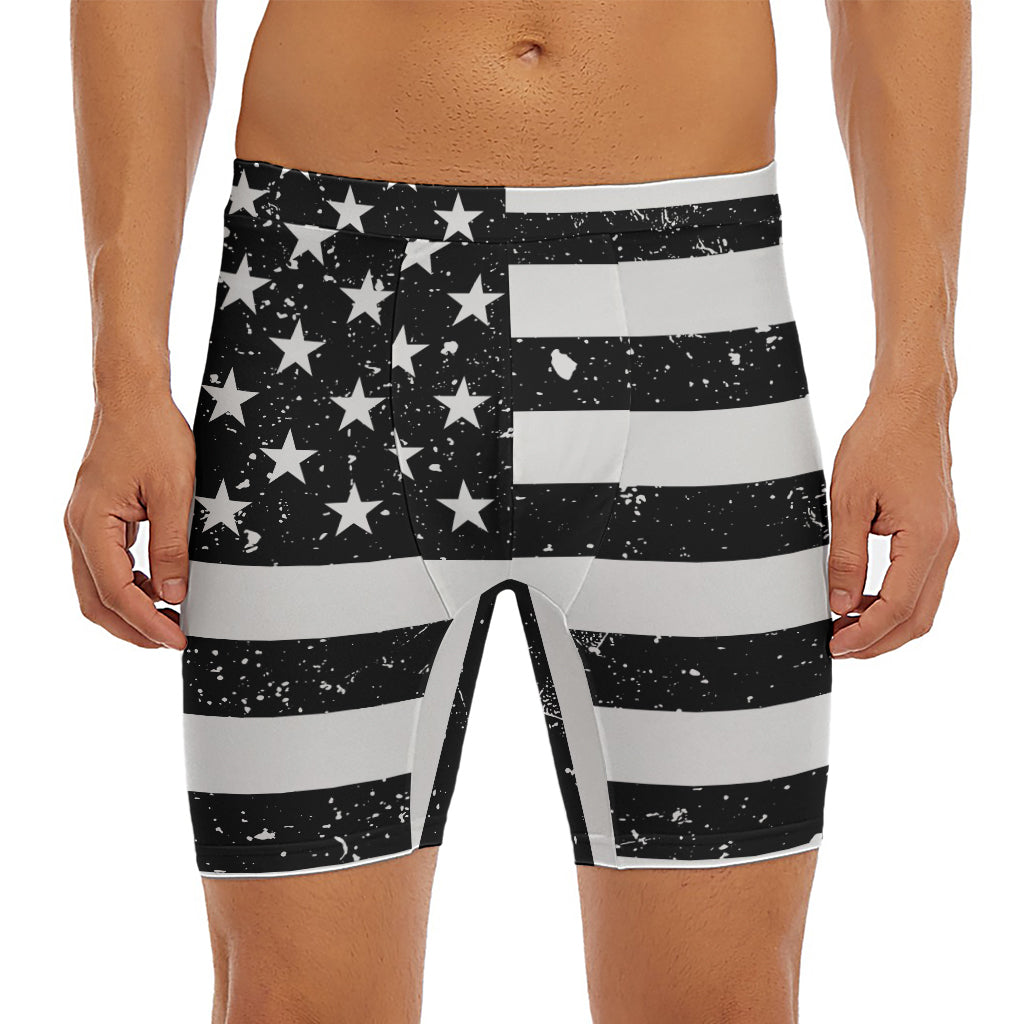 Monochrome Grunge American Flag Print Men's Long Boxer Briefs