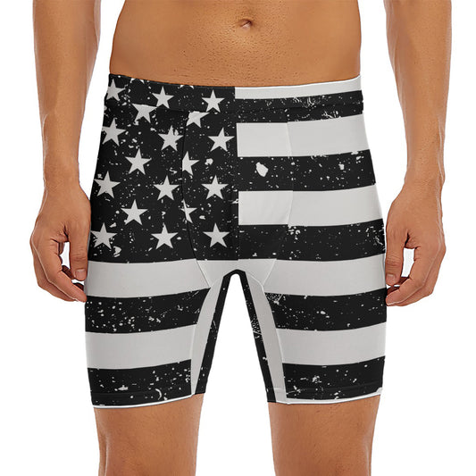 Monochrome Grunge American Flag Print Men's Long Boxer Briefs
