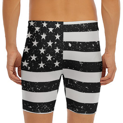 Monochrome Grunge American Flag Print Men's Long Boxer Briefs