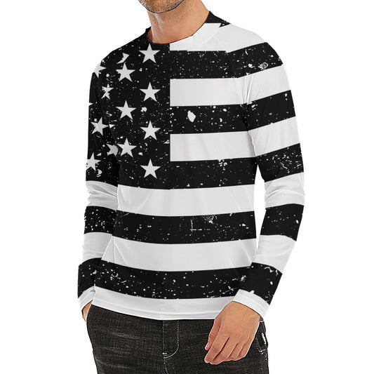 Monochrome Grunge American Flag Print Men's Long Sleeve Rash Guard