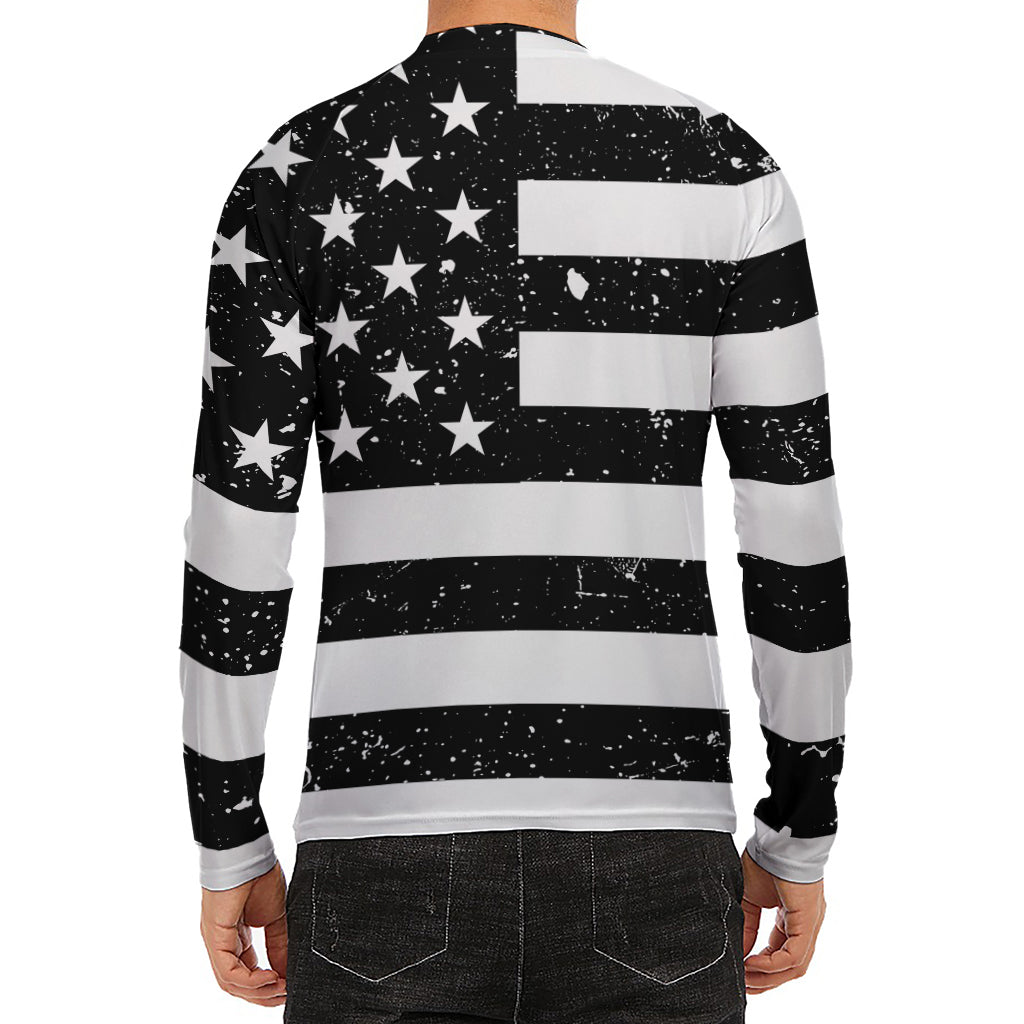 Monochrome Grunge American Flag Print Men's Long Sleeve Rash Guard