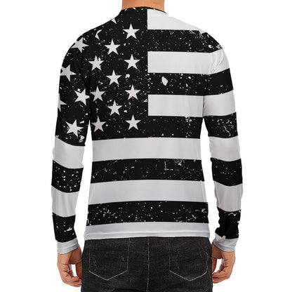 Monochrome Grunge American Flag Print Men's Long Sleeve Rash Guard