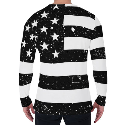 Monochrome Grunge American Flag Print Men's Long Sleeve T-Shirt