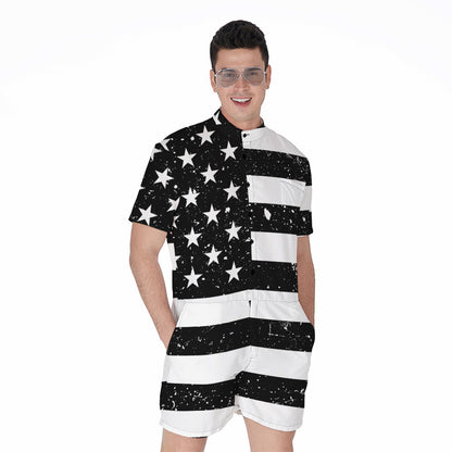 Monochrome Grunge American Flag Print Men's Rompers