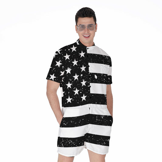 Monochrome Grunge American Flag Print Men's Rompers