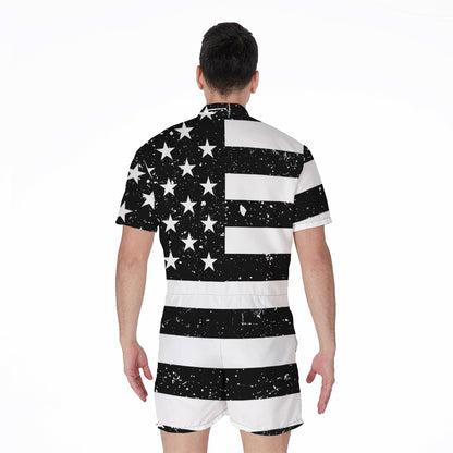Monochrome Grunge American Flag Print Men's Rompers