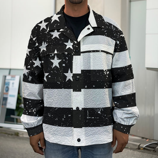 Monochrome Grunge American Flag Print Men's Shirt Jacket