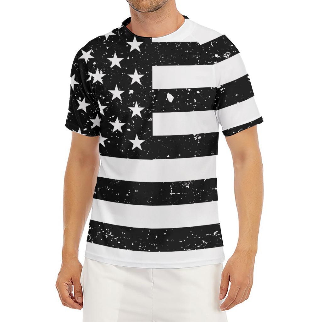 Monochrome Grunge American Flag Print Men's Short Sleeve Rash Guard