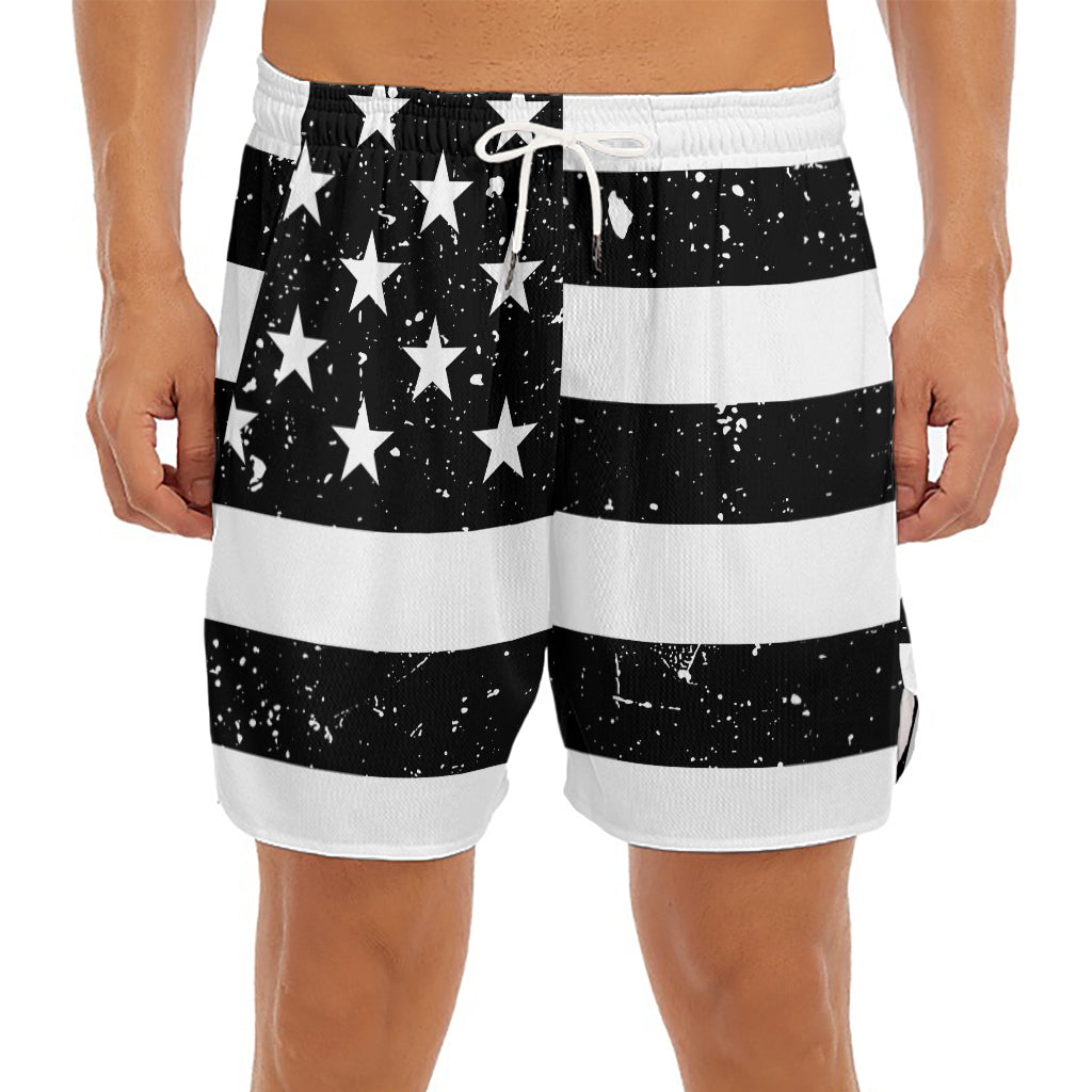 Monochrome Grunge American Flag Print Men's Split Running Shorts