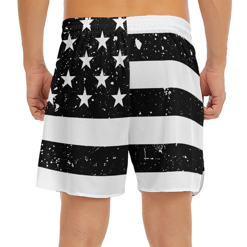 Monochrome Grunge American Flag Print Men's Split Running Shorts