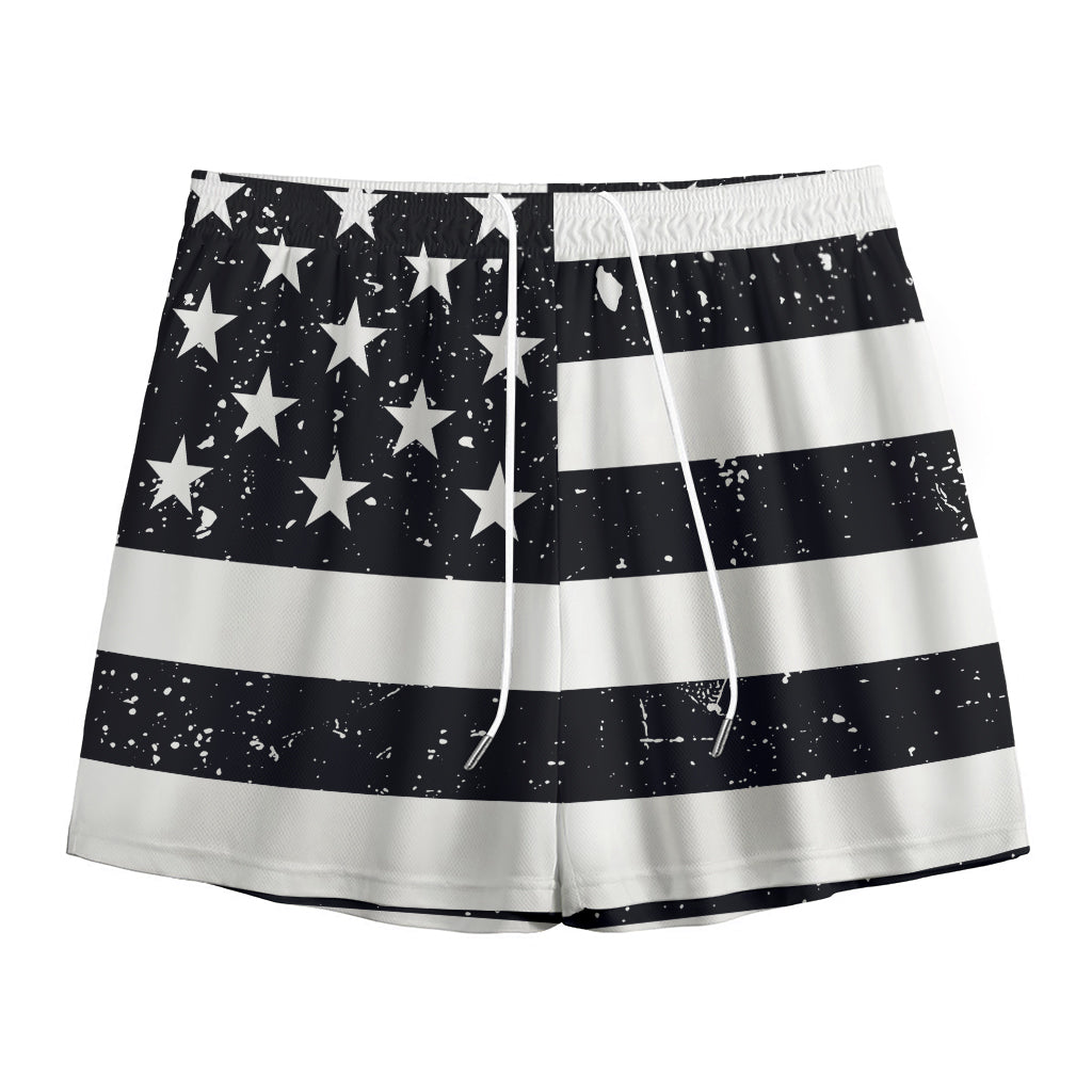 Monochrome Grunge American Flag Print Mesh Shorts