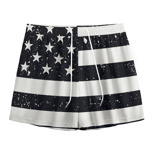 Monochrome Grunge American Flag Print Mesh Shorts