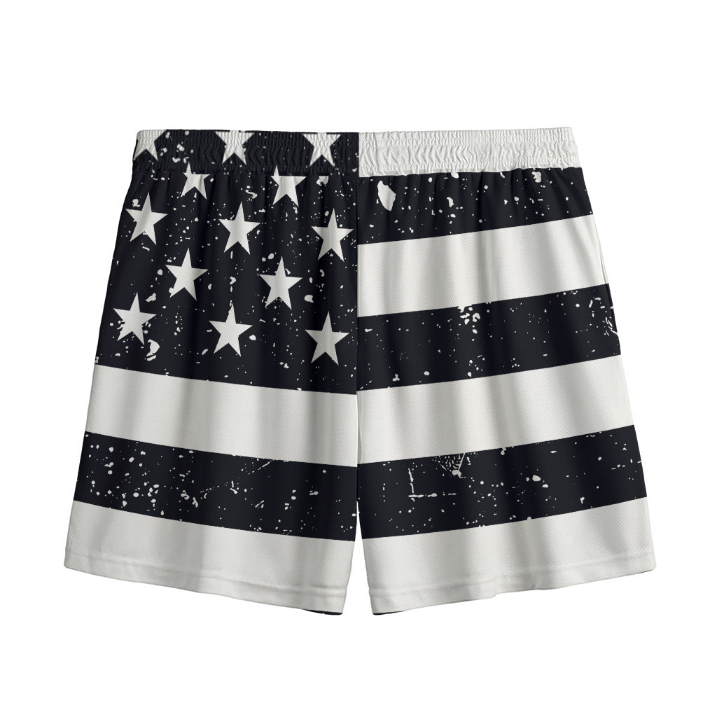 Monochrome Grunge American Flag Print Mesh Shorts