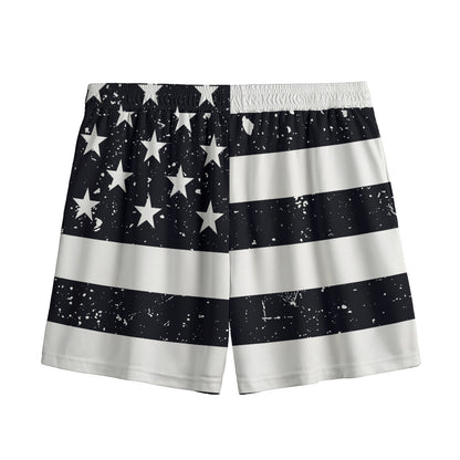 Monochrome Grunge American Flag Print Mesh Shorts