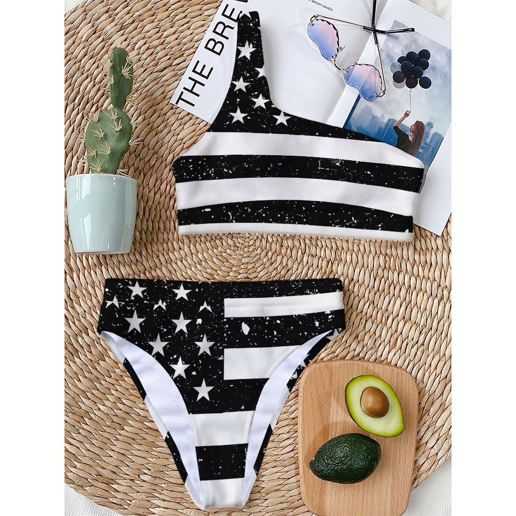 Monochrome Grunge American Flag Print One Shoulder Bikini Top